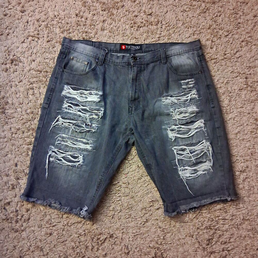 Southpole Y2K Gray Men's Size 42 Distressed Ripped Denim Shorts 5-Pocket